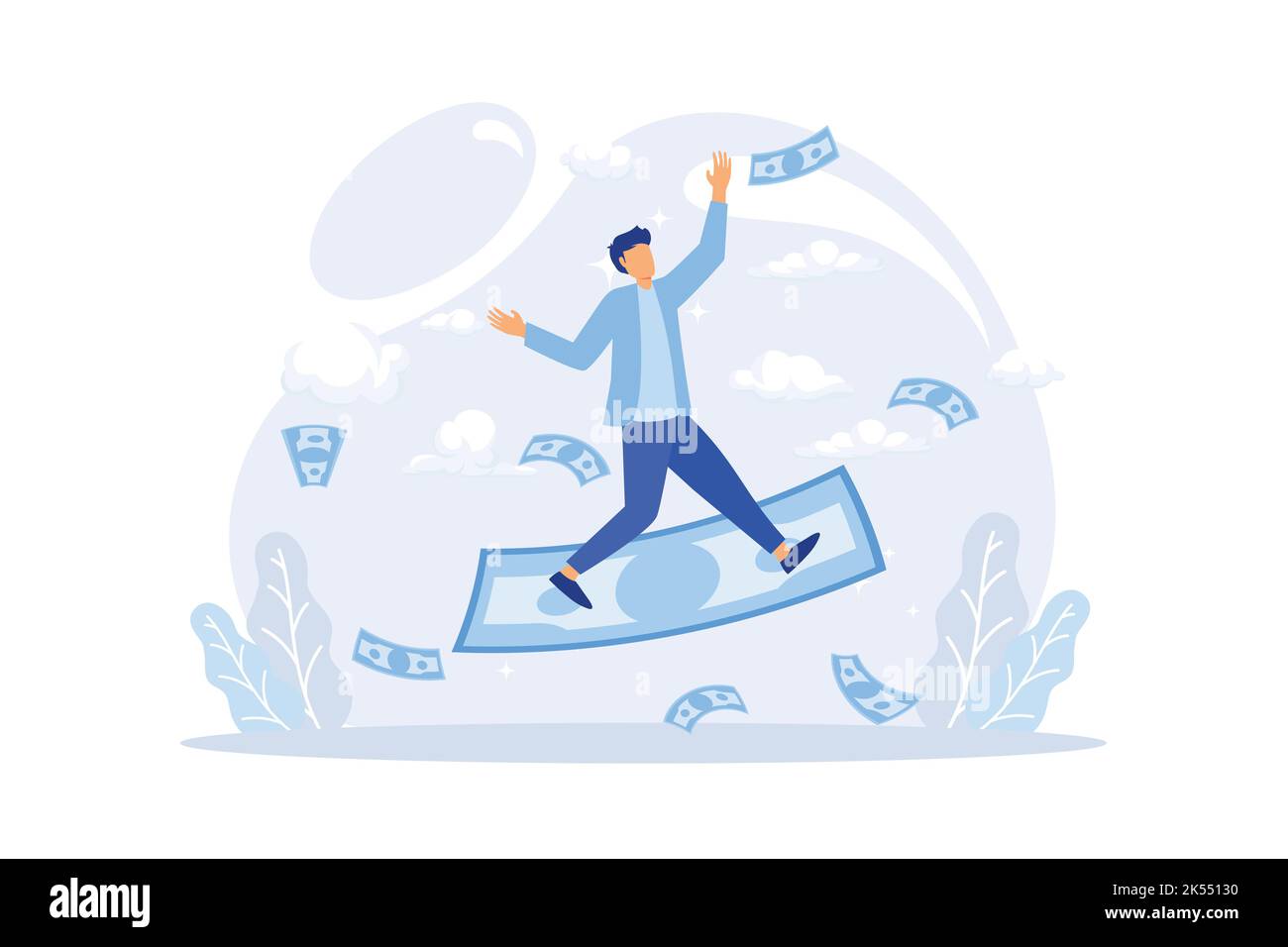 Uomo d'affari che vola con carta moneta e nuvole su sfondo blu. Illustrazione vettoriale. Concetto aziendale. Illustrazione Vettoriale