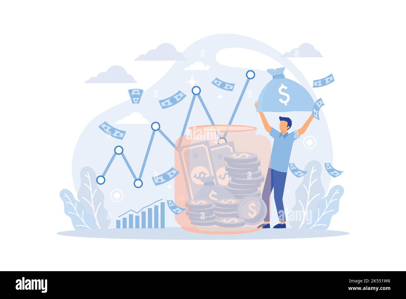 Metafora del concetto di account di salvataggio. Persone con monete e piggy bank. Accumulo di fondi, ricchezza, reddito passivo. Futuro sicuro. Servizi bancari, inter Illustrazione Vettoriale