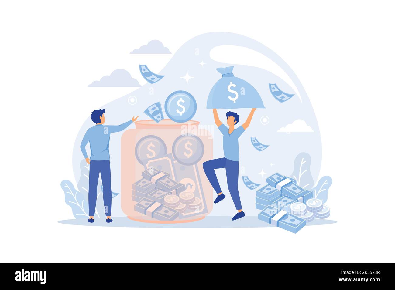 Metafora del concetto di account di salvataggio. Persone con monete e piggy bank. Accumulo di fondi, ricchezza, reddito passivo. Futuro sicuro. Servizi bancari, inter Illustrazione Vettoriale