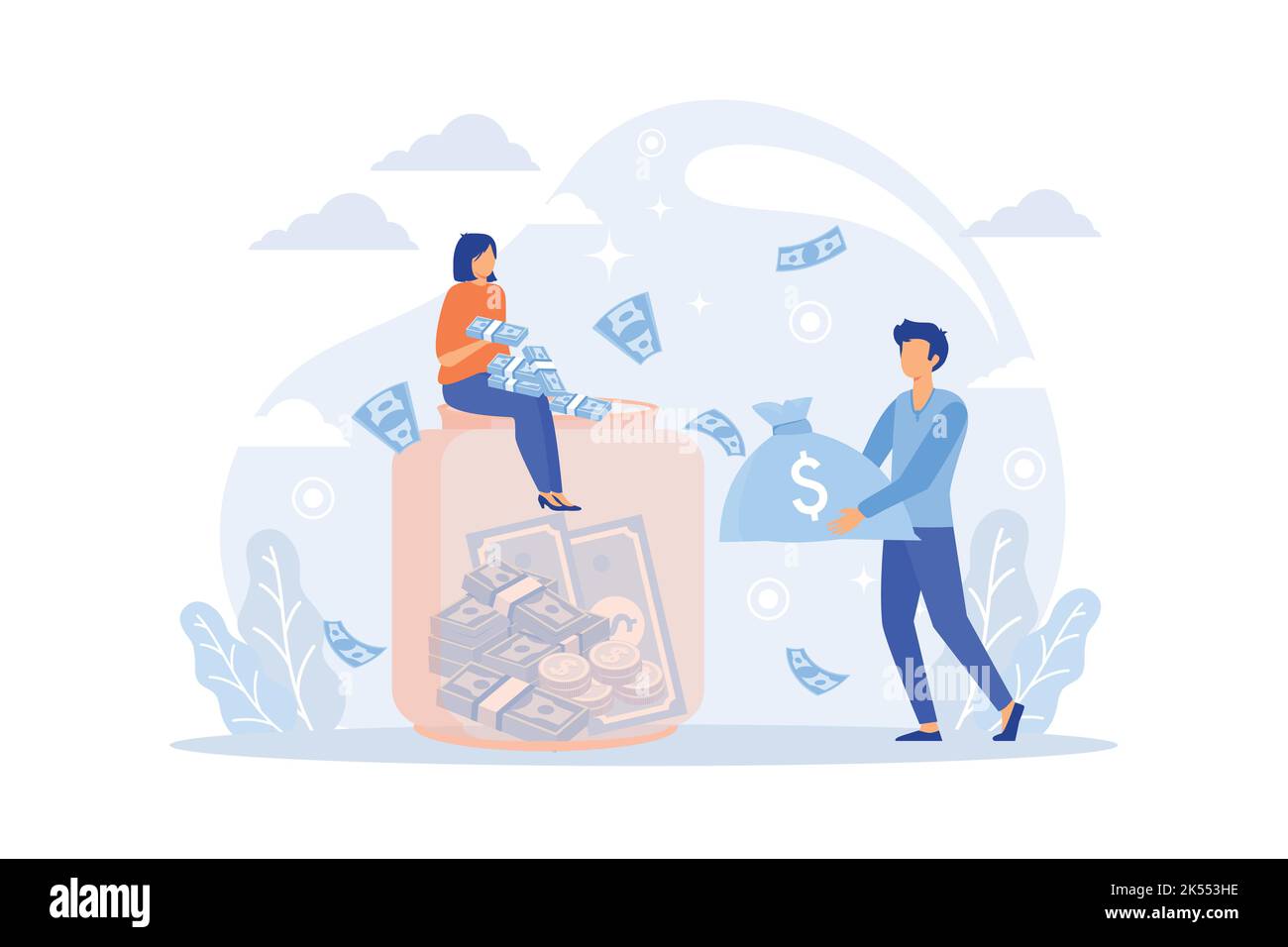 Metafora del concetto di account di salvataggio. Persone con monete e piggy bank. Accumulo di fondi, ricchezza, reddito passivo. Futuro sicuro. Servizi bancari, inter Illustrazione Vettoriale