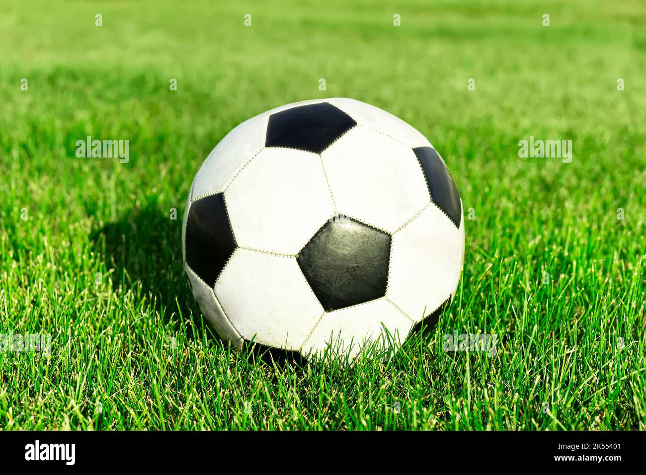 Palla da calcio classica, tipica in bianco e nero, posta sul punto del tappeto erboso dello stadio. Tradizionale palla di calcio sul campo di erba verde di ar Foto Stock