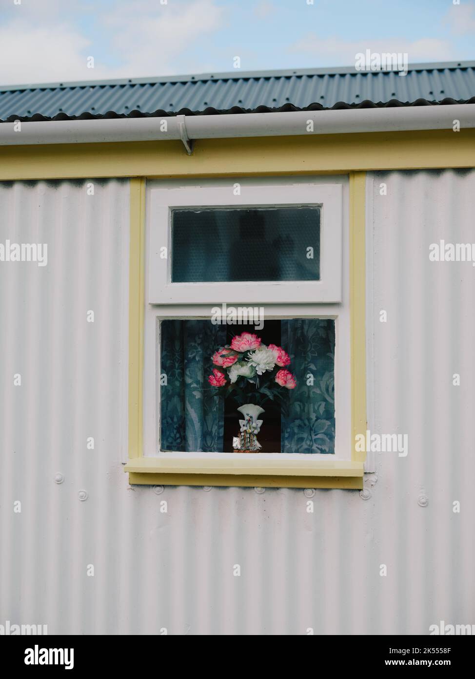 Fiori di plastica visualizzati in una finestra su una casa di metallo corrugato Foto Stock