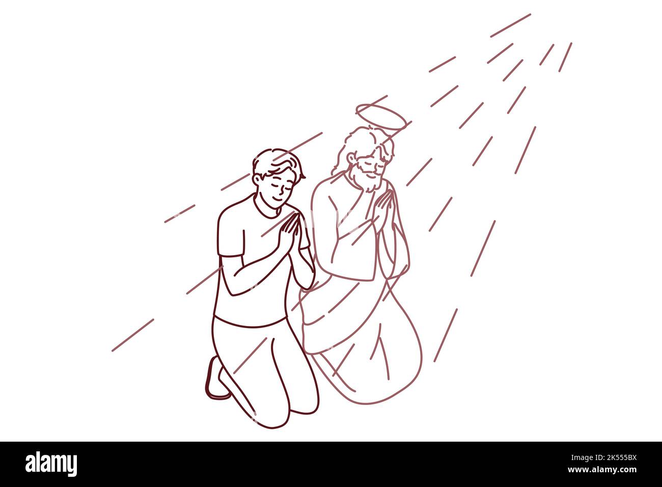 Il giovane religioso si inginocchia vicino a Gesù Cristo pregando con le mani insieme. Il credente maschio prega per la buona vita. Religione e fede. Illustrazione vettoriale. Illustrazione Vettoriale