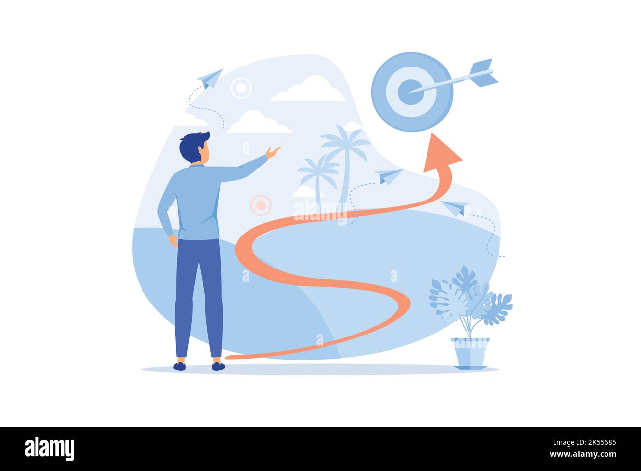 Gestione strategica uomo d'affari con valigetta, freccia nel target, pianificazione di successo e lo sviluppo previsto. Ricchezza e risparmio in crescita. Design piatto M Illustrazione Vettoriale