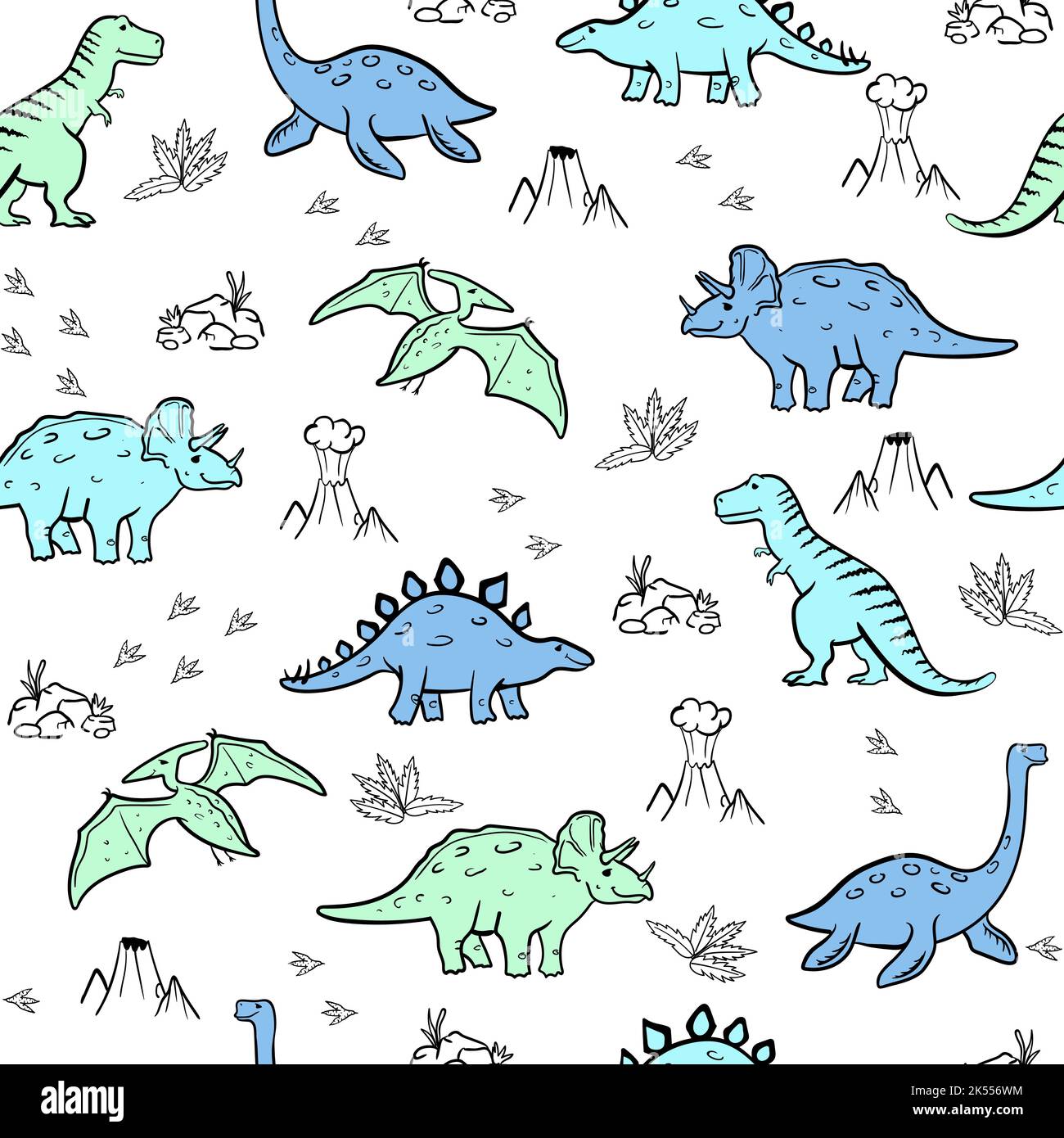 Carino dinosauro vettore stampa per bambini. Modello vettoriale senza cuciture con dinosauro cartoon. Graziosa stampa pastello Dino per le feste. Illustrazione Vettoriale