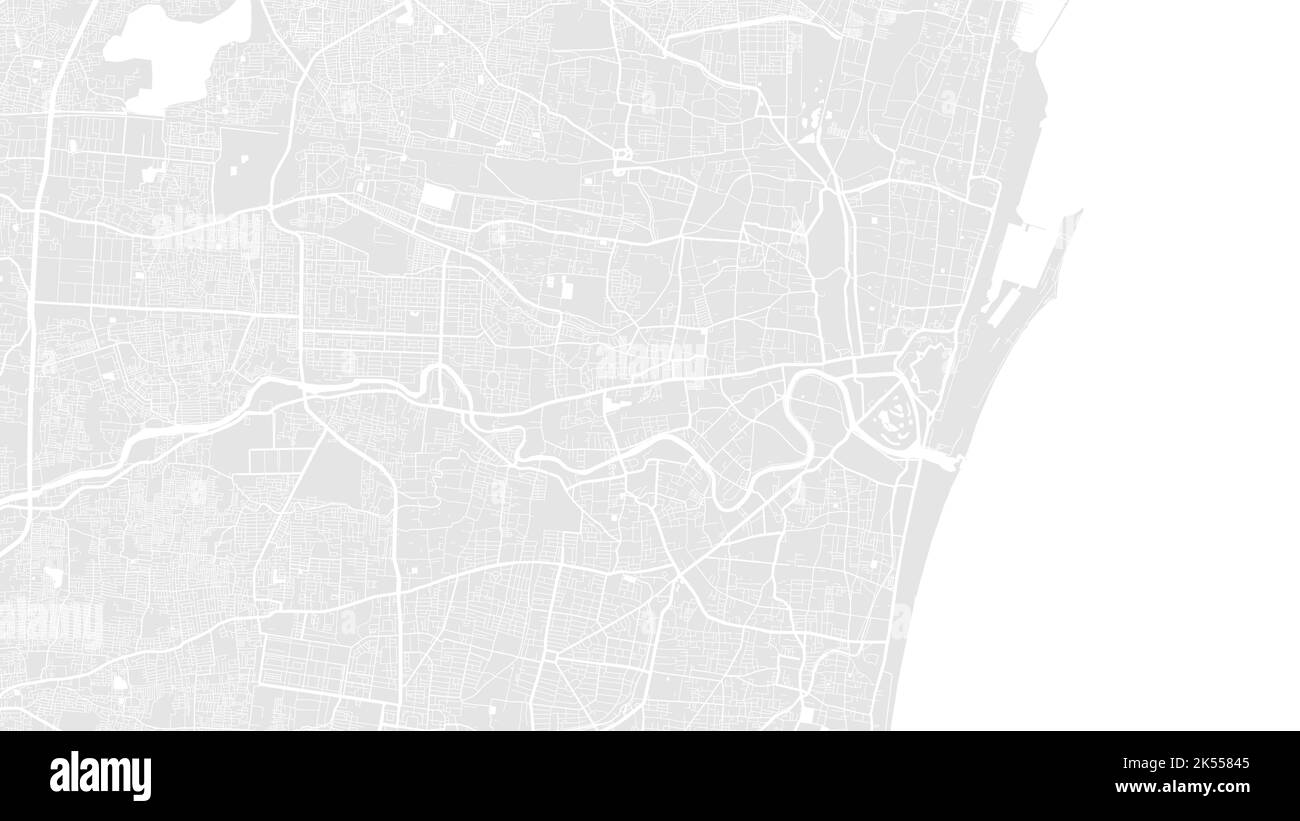 Mappa vettoriale di sfondo, strade e acqua della città di Chennai bianca e grigio chiaro. Proporzioni widescreen, roadmap digitale con design piatto. Illustrazione Vettoriale