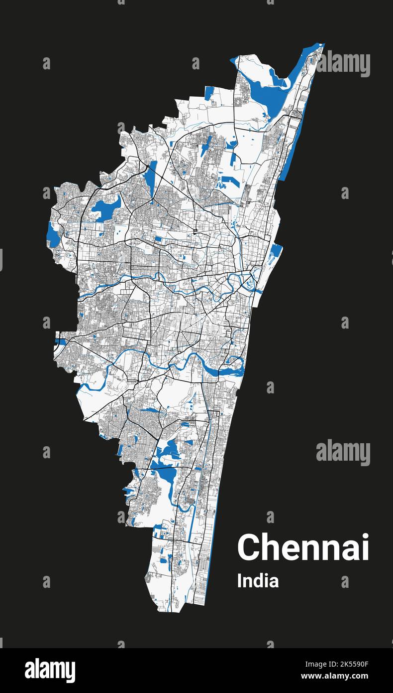 Mappa di Chennai. Mappa dettagliata dell'area amministrativa della città di Chennai. Panorama urbano. Illustrazione vettoriale senza royalty. Mappa stradale con autostrade, fiumi. Illustrazione Vettoriale