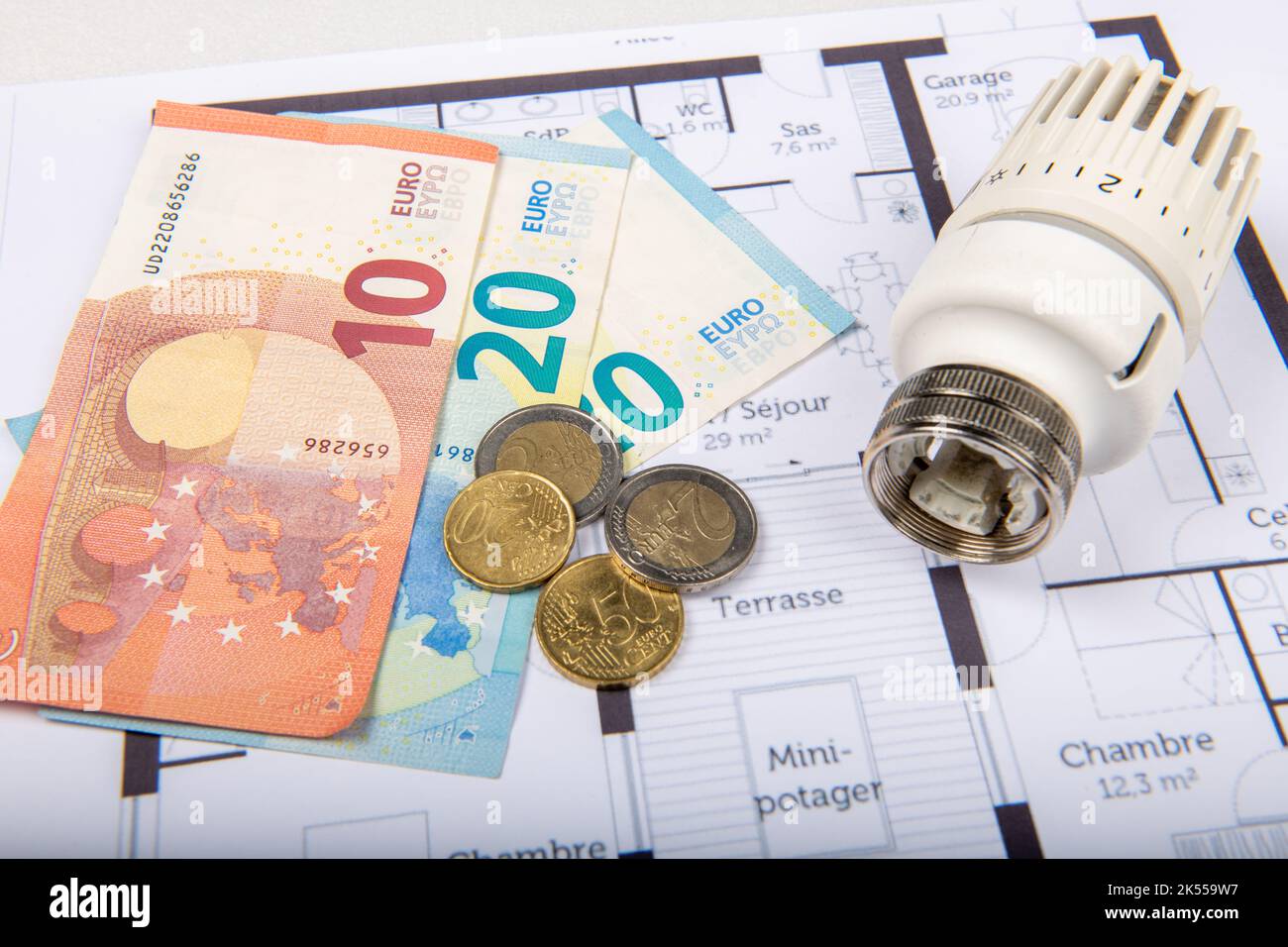 Progetto casa a risparmio energetico, denaro e termostato in Francia Foto Stock