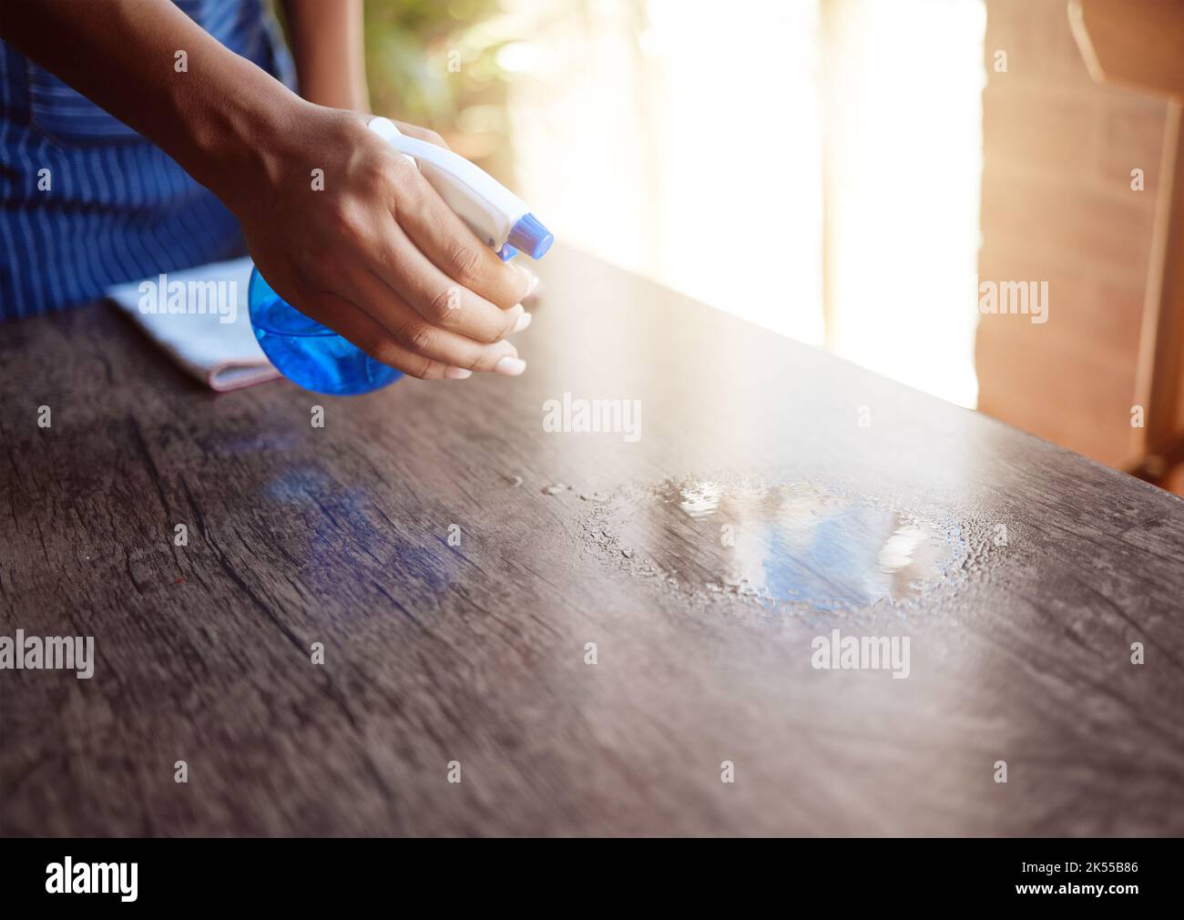 Pulitore, mani e spray tavola di pulizia con igienizzatore in casa, ufficio o ristorante. Cameriera, cameriera e bottiglia con prodotti chimici per pulire sporco, batteri Foto Stock