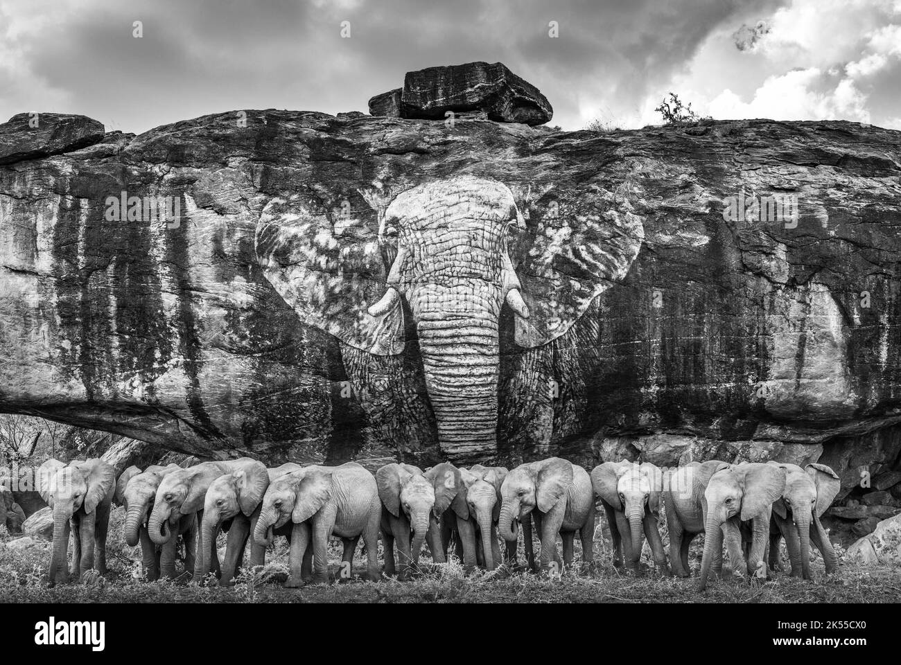 Il bambino orfani di fronte al murale elefante. Kenya: QUESTE IMMAGINI MAESTOSE celebrano la bellezza degli elefanti orfani del Kenya e dei più grandi Foto Stock