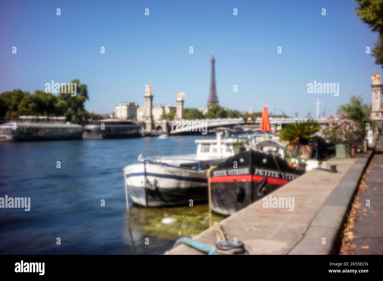 Sfida all'età, era digitale, qualità superiore, accattivante, spiccano, Immagine in pinhole ad alta risoluzione di houseboat sul fiume Senna, Torre Eiffel, Parigi Foto Stock