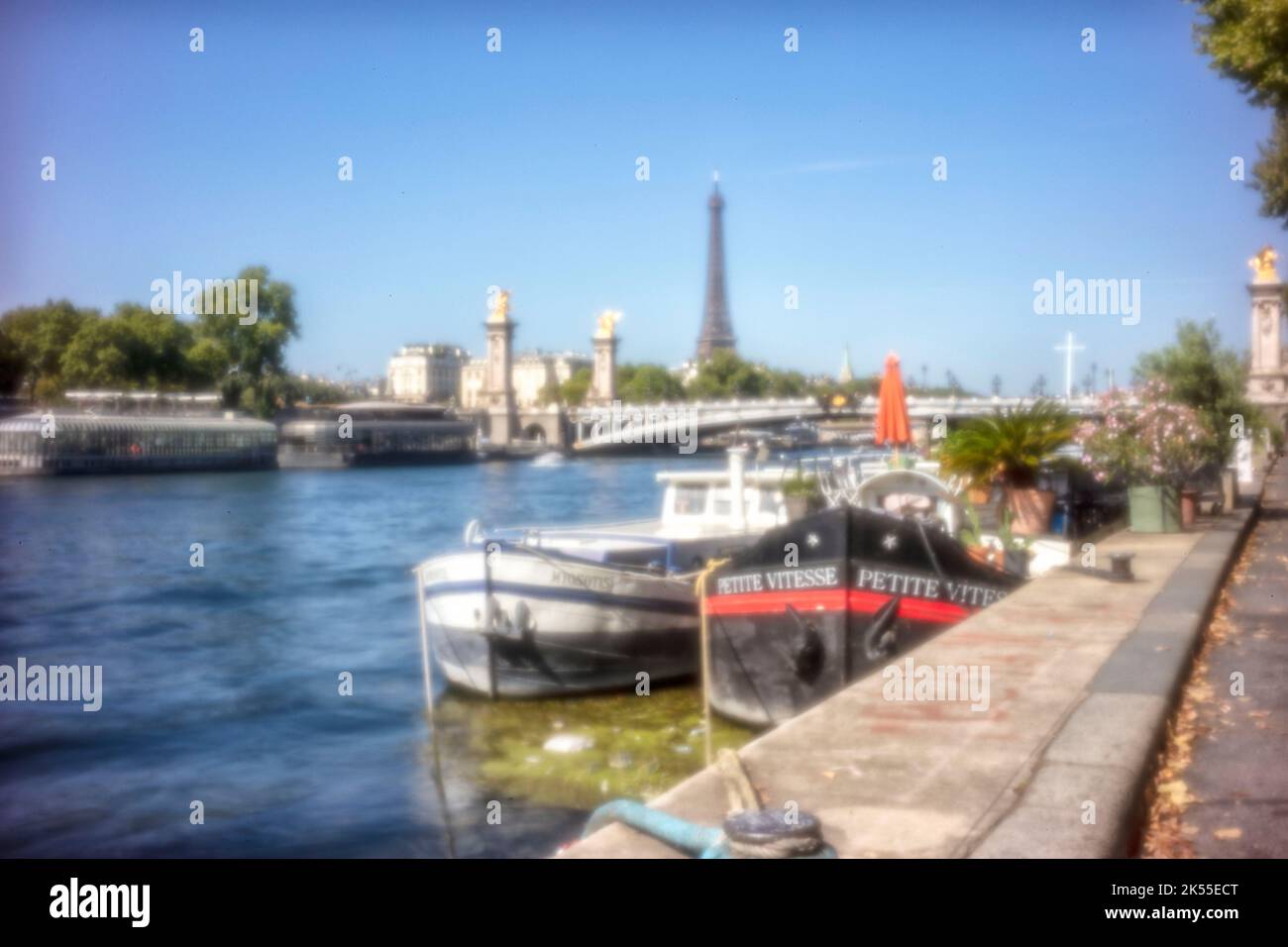 Sfida all'età, era digitale, qualità superiore, accattivante, spiccano, Immagine in pinhole ad alta risoluzione di houseboat sul fiume Senna, Torre Eiffel, Parigi Foto Stock