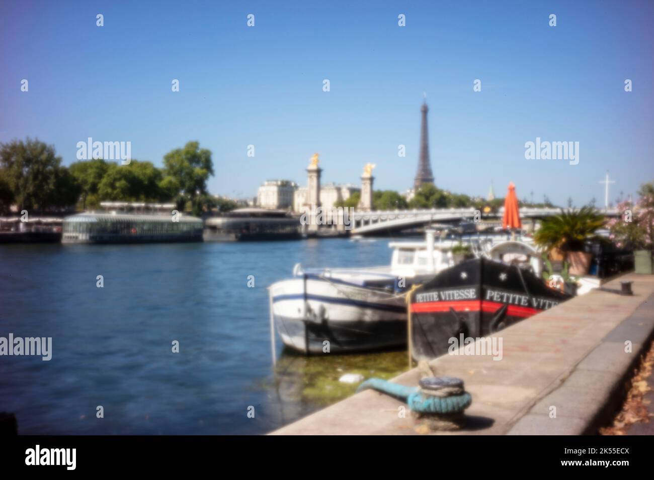 Sfida all'età, era digitale, qualità superiore, accattivante, spiccano, Immagine in pinhole ad alta risoluzione di houseboat sul fiume Senna, Torre Eiffel, Parigi Foto Stock