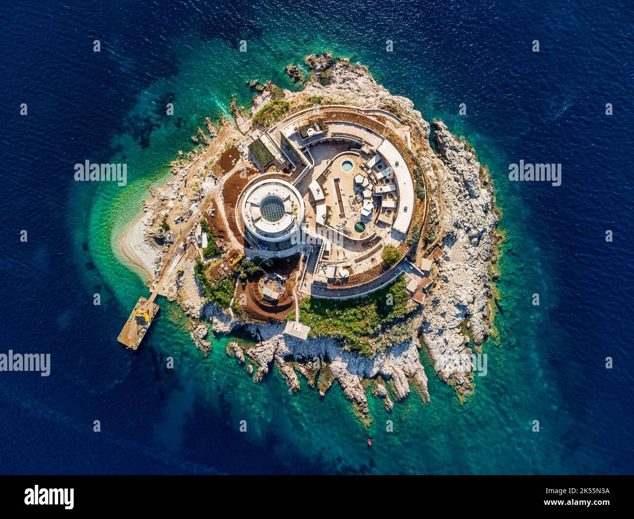 Una vista aerea della fortezza di Mamula su un'isola rocciosa nel Montenegro Foto Stock