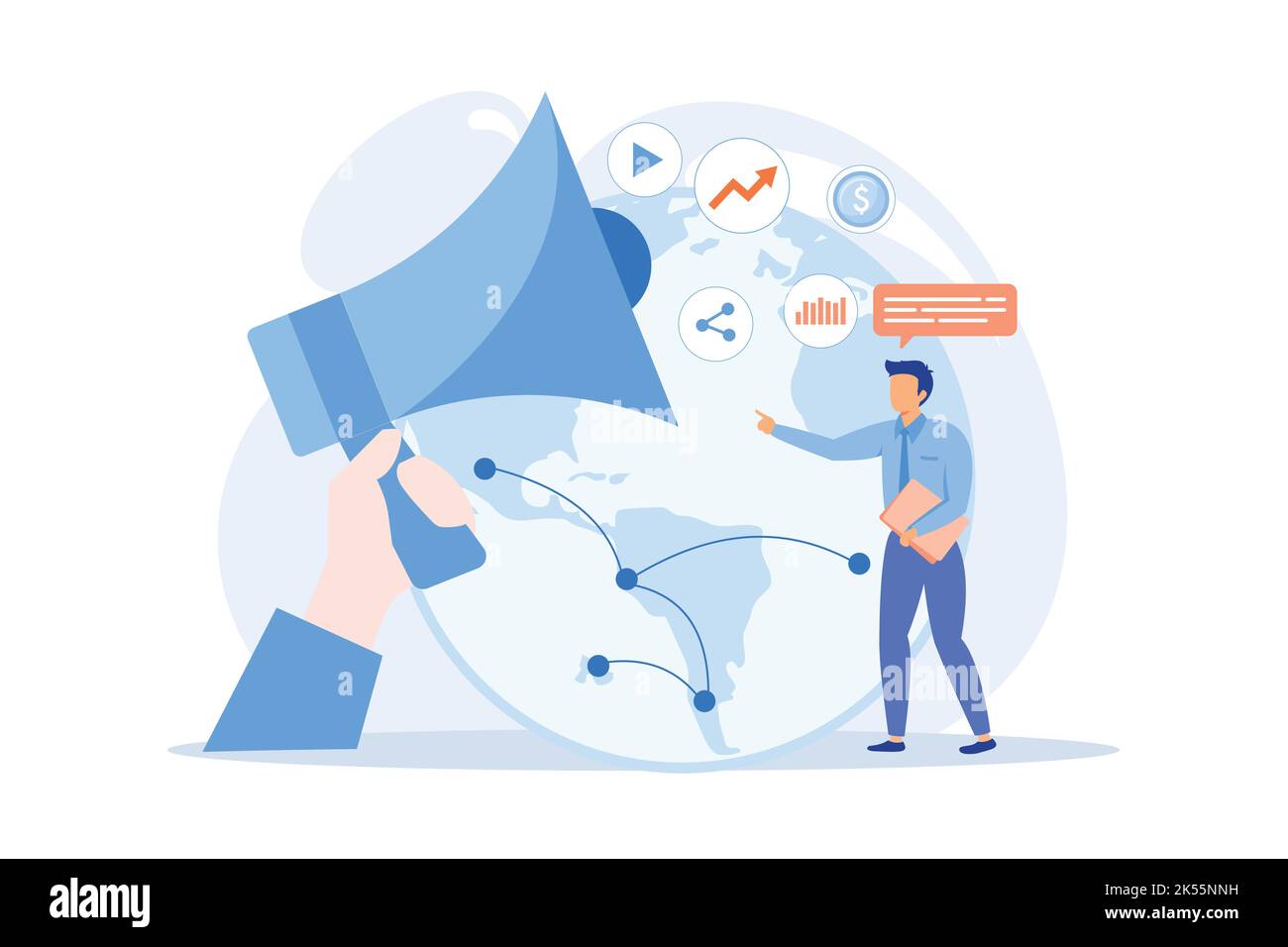 Macromarketing influenza sociale, strategia di marketing globale, comportamento dei consumatori, ridefinizione del sistema di regolamentazione del mercato, responsabilità sociale flat design mod Illustrazione Vettoriale