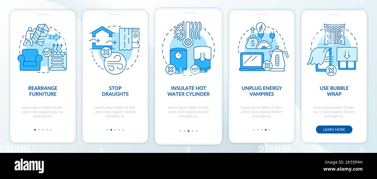 Riduzione dei costi delle bollette di riscaldamento schermata dell'app mobile di onboarding blu Illustrazione Vettoriale
