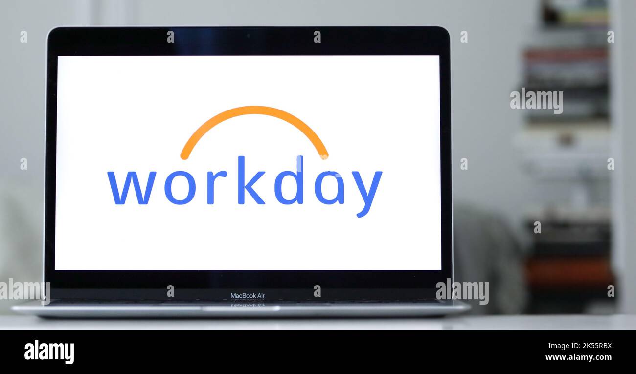 Il logo di Workday sullo schermo del notebook. Foto Stock