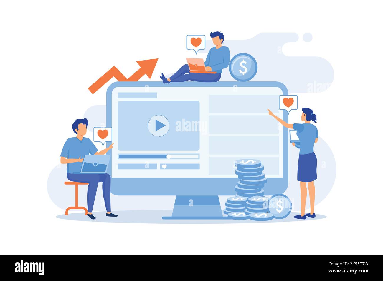 Elevato ROI Social media marketing, produzione di contenuti online, pubblicazione di elevato ROI, misurazione del ritorno sugli investimenti, strategia digitale design piatto moderno Illustrazione Vettoriale