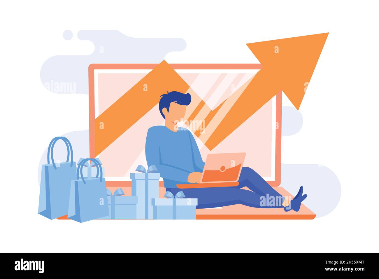 Tassi di ricavo dell'azienda. Acquisto di regali, crescita delle vendite, analisi dei profitti aziendali. Store manager online che analizza il reddito. Uomo che calcola la spesa in conto capitale. Illustrazione Vettoriale