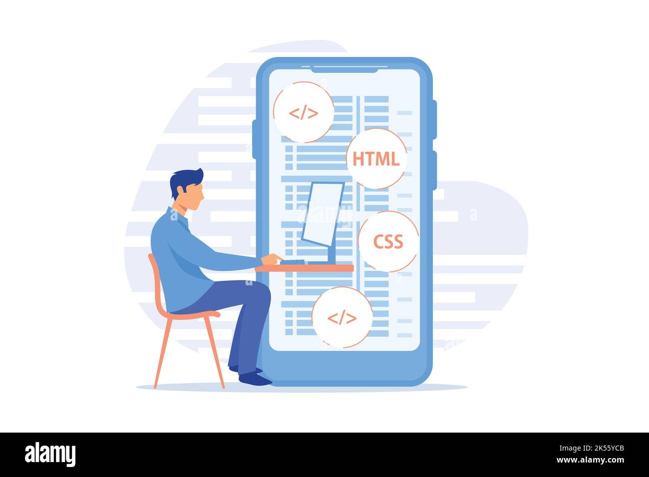 Sviluppo di applicazioni mobili. Linguaggi di programmazione. CSS, HTML, IT, UI. Maschio programmmeer cartone animato personaggio sviluppo sito web, codifica. Illlust vettoriale Illustrazione Vettoriale