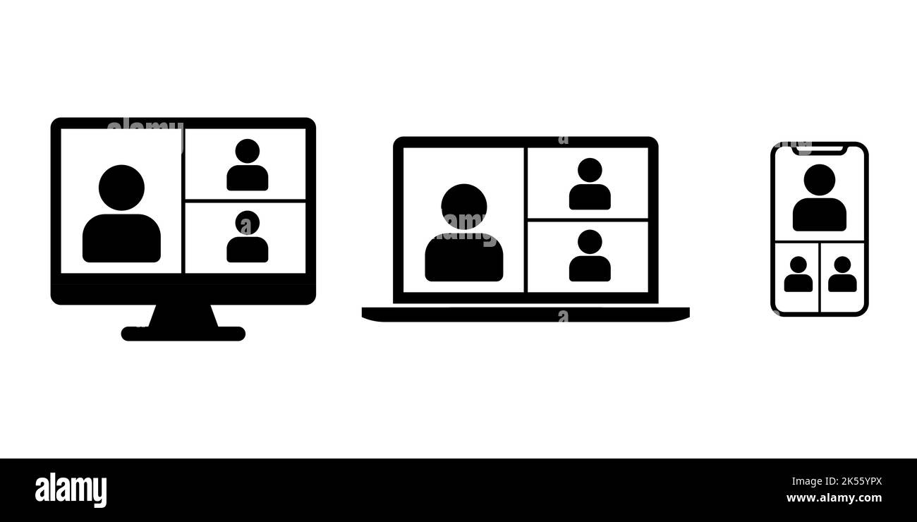 Videochiamata nel gruppo di icone del dispositivo Illustrazione Vettoriale