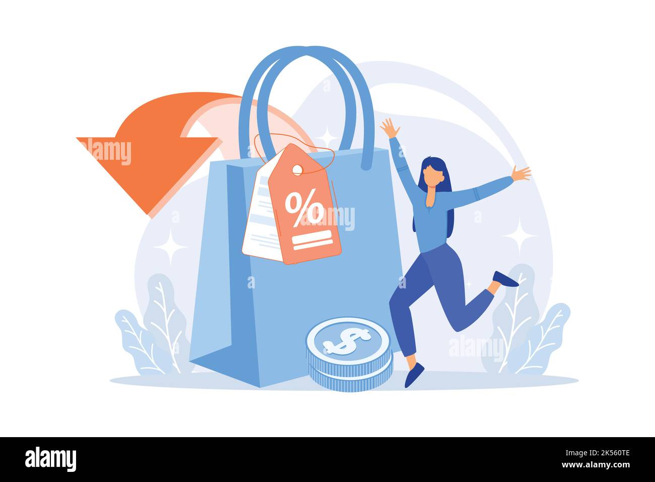 Sconti e indennità di shopping icona del web cartoon. Riduzione dei prezzi di vendita, vendite al dettaglio, marketing creativo. Offerta speciale, idea di attrazione per i clienti Illustrazione Vettoriale