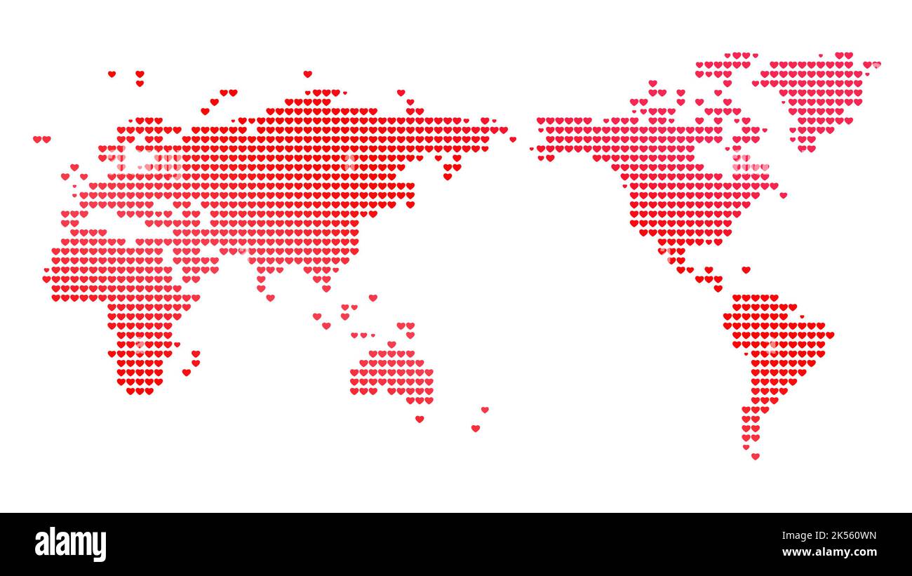 Mappa del mondo incentrata sull'Asia, fatta di cuori rossi su sfondo bianco. risoluzione 4k. Foto Stock