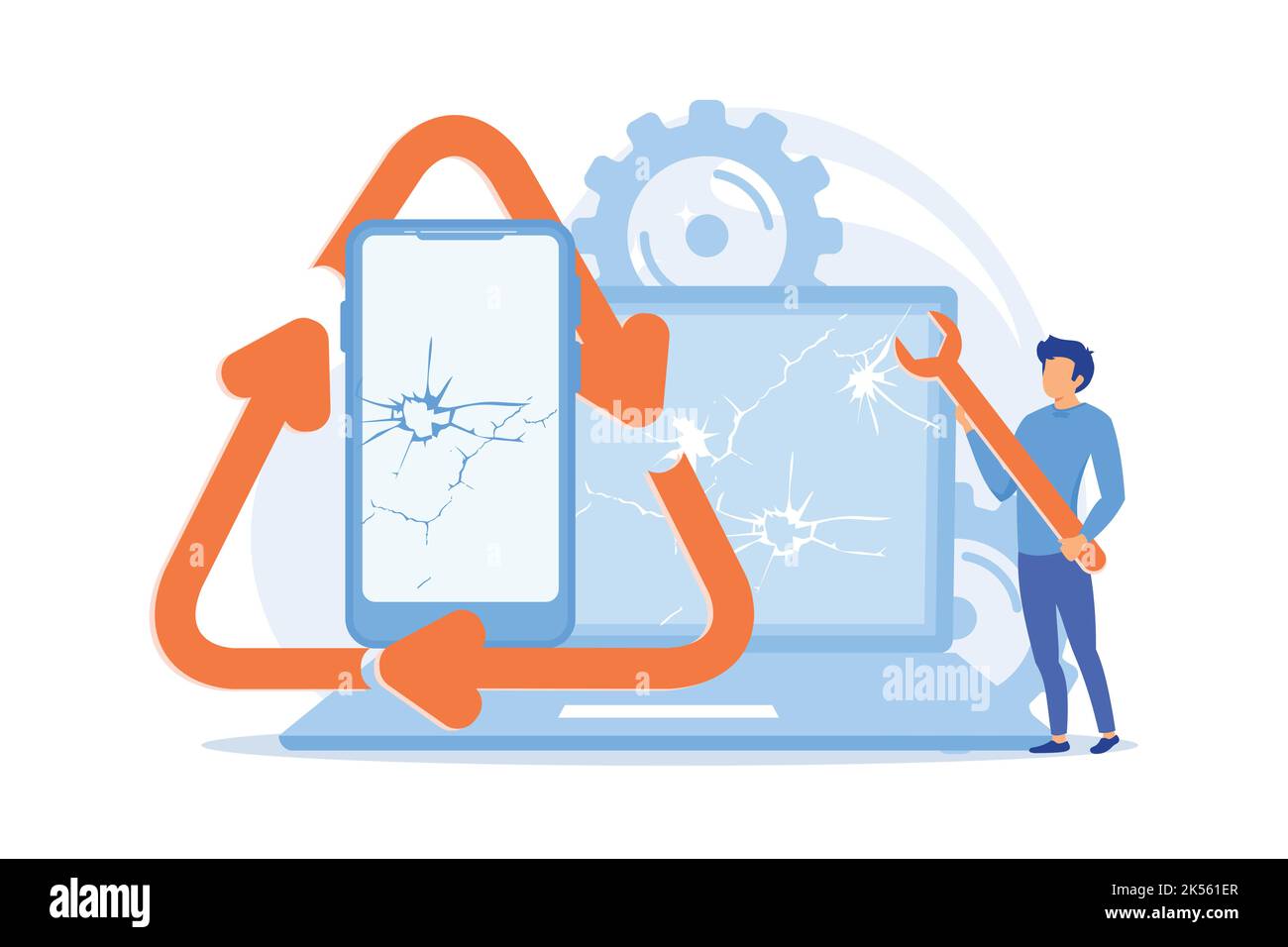 Rottura del riutilizzo dei componenti elettronici. Dispositivo danneggiato fissaggio, riparazione assistenza, gadget portatili utilizzati. Smartphone e computer portatile con crepe sullo schermo. Vettore illus Illustrazione Vettoriale