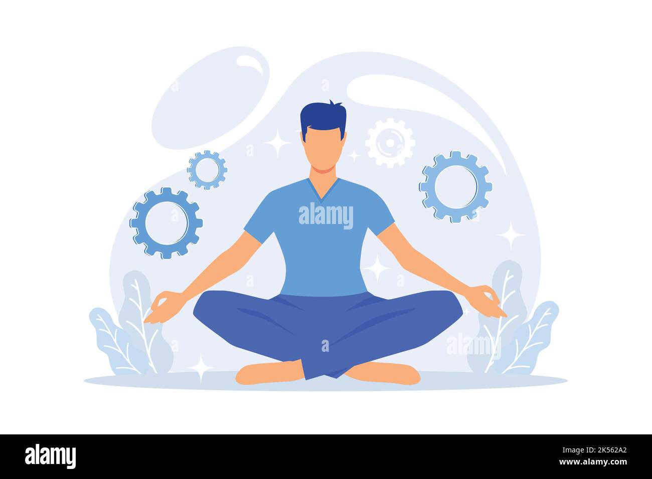 Riduzione delle sollecitazioni e attività di attenuazione. Uomo personaggio cartoon seduta in posa lotus. Equilibrio tra lavoro e riposo. Meditazione, relax, equilibrio. Vettore Illustrazione Vettoriale