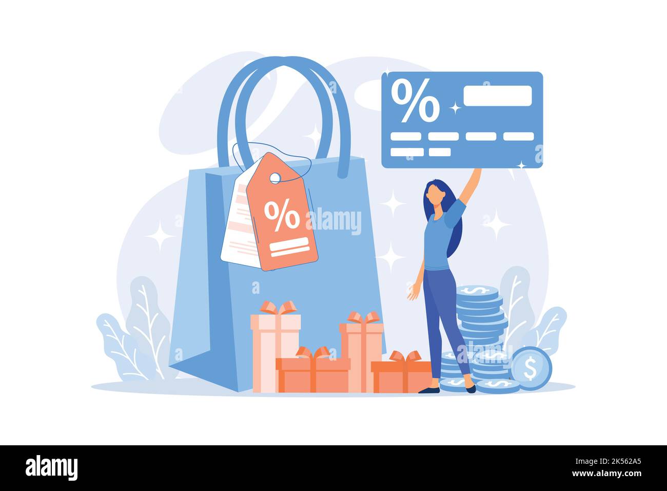 Sconti stagionali. Acquisto regali, visita boutique, shopping di lusso. Buoni promozionali per la riduzione dei prezzi, offerte speciali per le vacanze. Vettore i Illustrazione Vettoriale