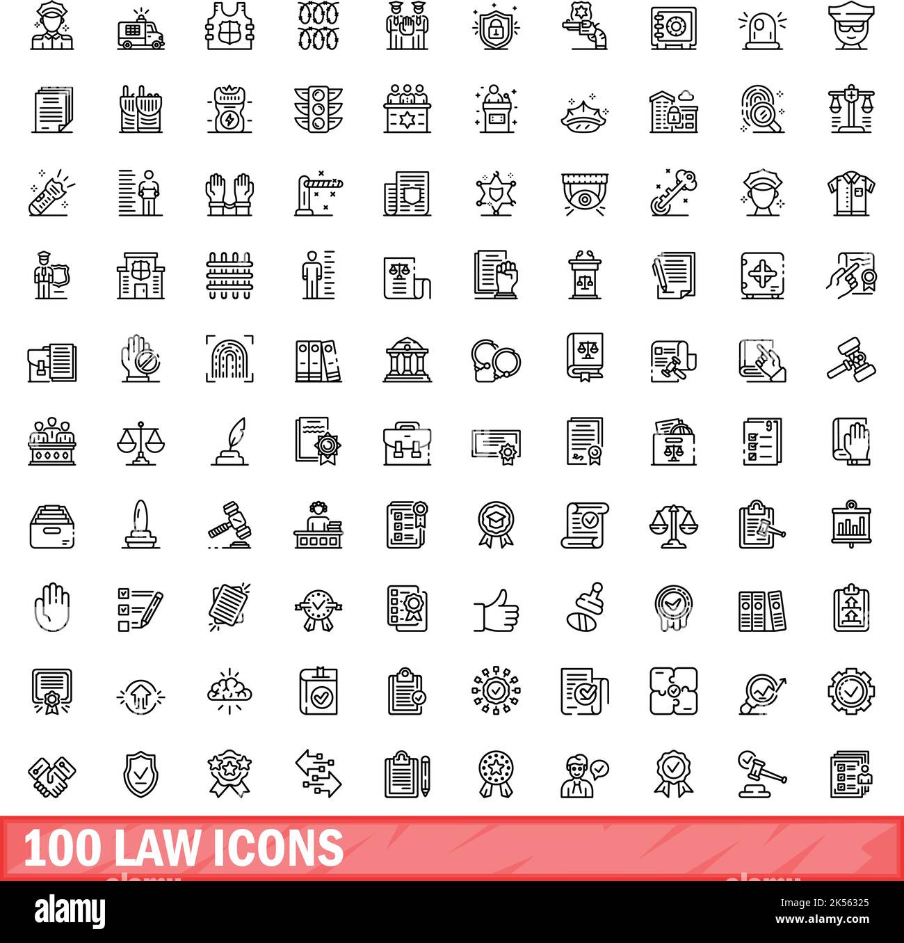 100 icone di legge impostate. Illustrazione del contorno di 100 icone di legge vettore set isolato su sfondo bianco Illustrazione Vettoriale