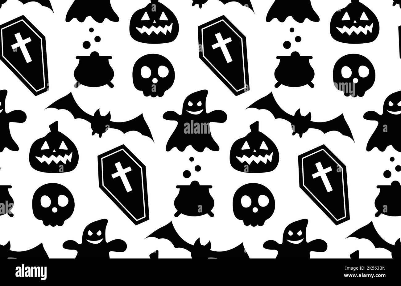 Ripetizione senza giunture con simboli di Halloween. Design di silhouette per la festa di Halloween. Per cartolina, tessuto, banner, modello, confezione Illustrazione Vettoriale