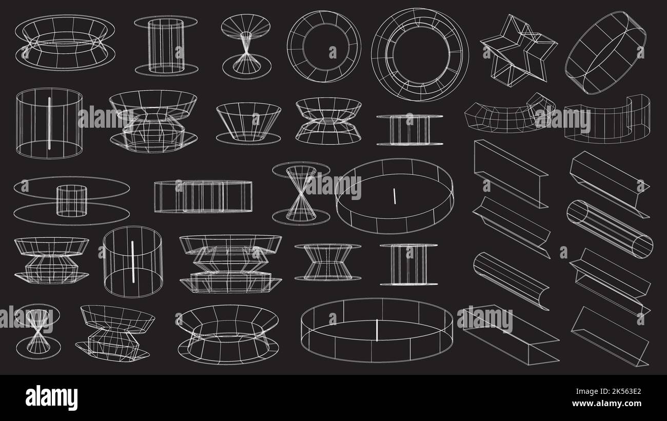 Insieme di elementi astratti di tecnologia geometrica in stile cyberpunk. Retrò collezione vintage 3D design digitale virtuale. Texture 80s vr. Futuristico Illustrazione Vettoriale