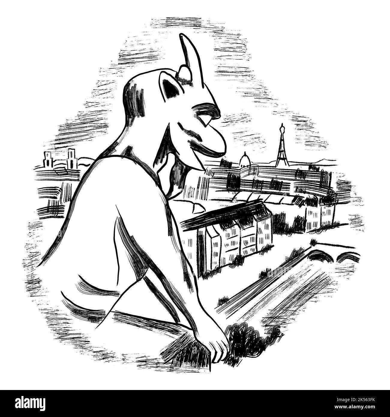 Cattedrale di Notre dame gargoyle sulle strade di parigi, luoghi di interesse turistico. Design monocromatico con linea nera in inchiostro forma di inchiostro profilo silhouette, disegno minimalista Foto Stock