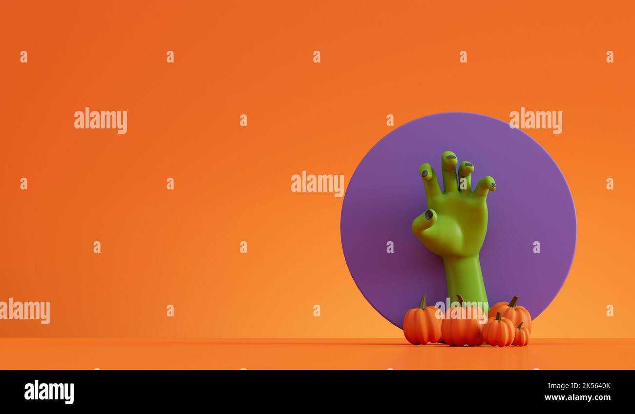 Sfondo verde di mano di un mostro di Halloween. Rendering 3D Foto Stock