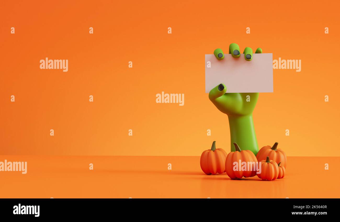 mano di zombie verde di halloween con etichetta vuota. Rendering 3D Foto Stock