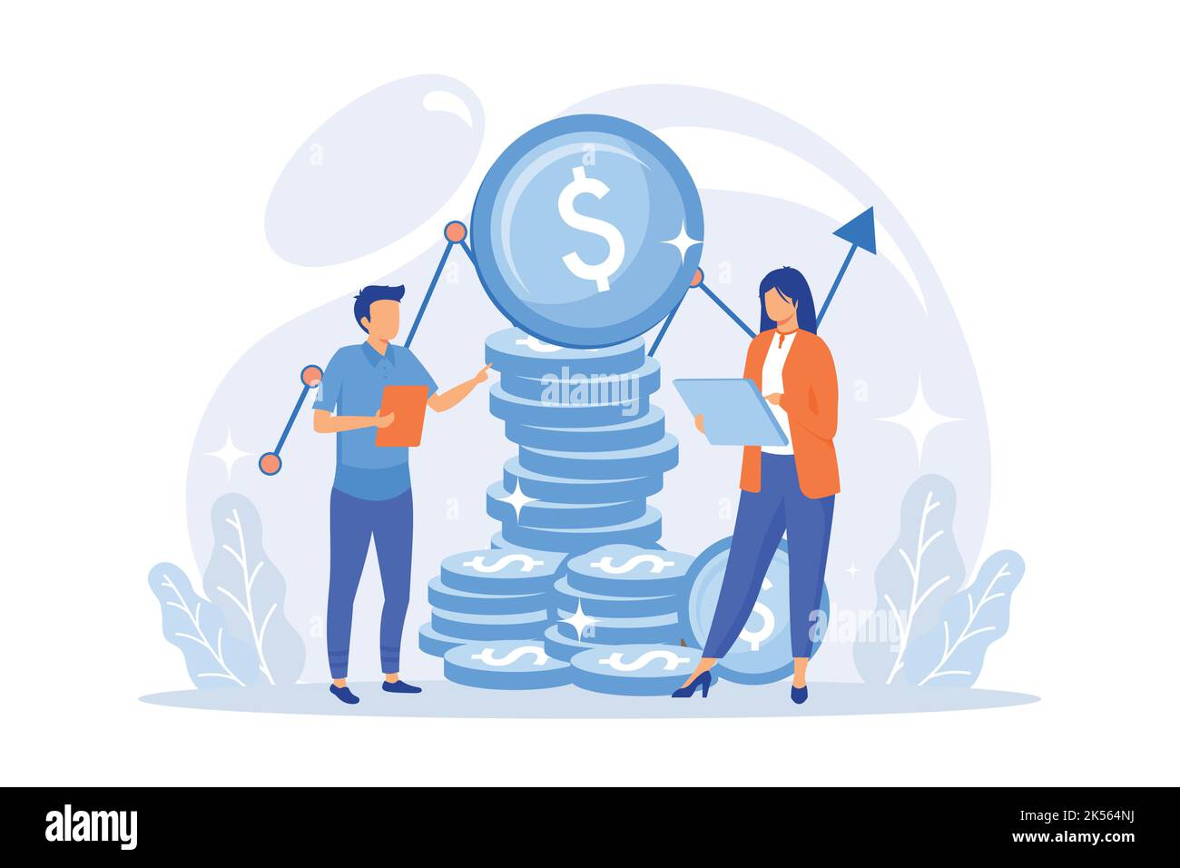 Strategia di aumento del reddito. Gestione aziendale, statistiche dei broker di azioni, previsioni finanziarie. Esperti di mercato finanziario che analizzano i tassi di crescita. Vettore Illustrazione Vettoriale