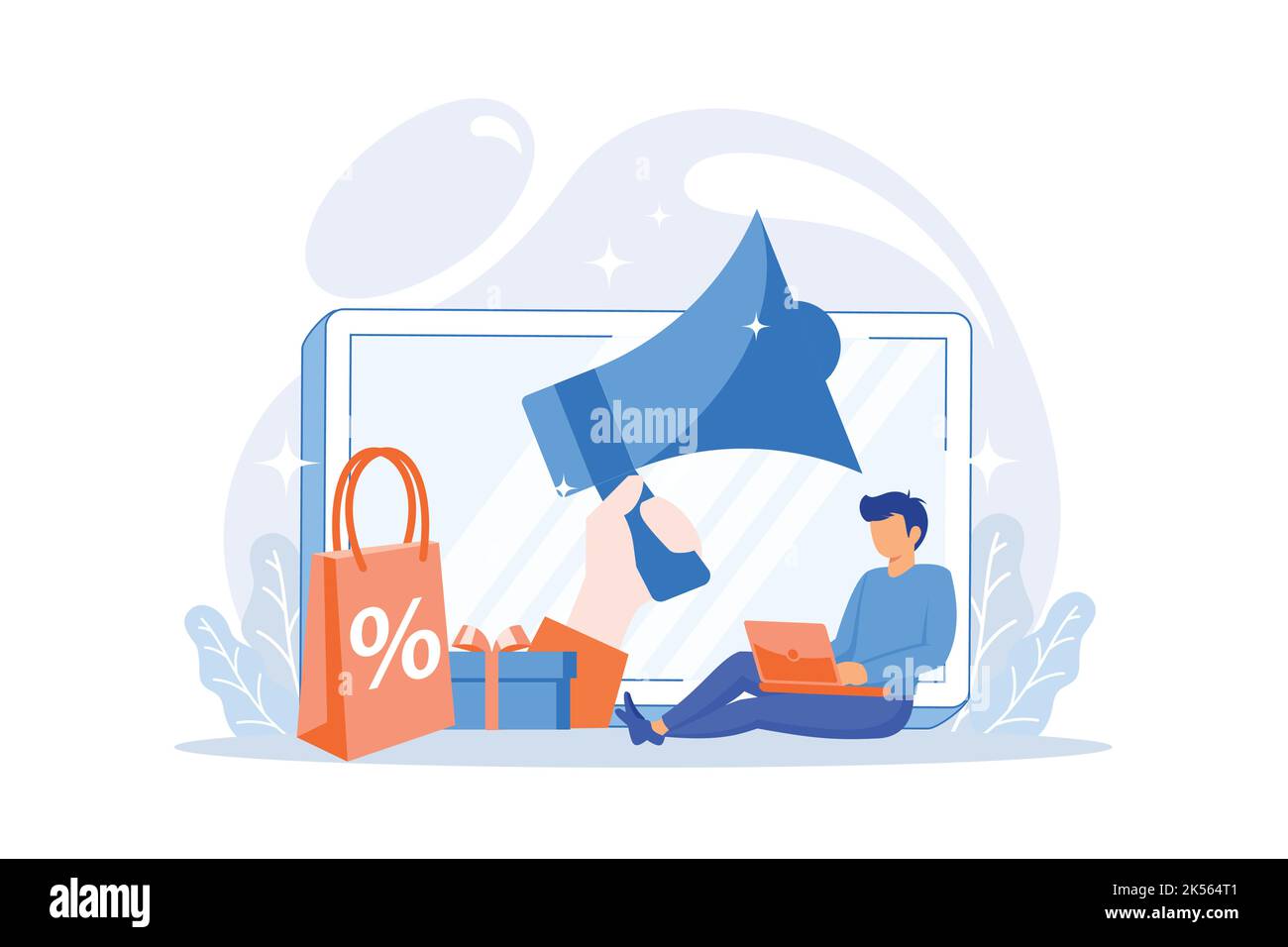 Pubblicità a sconto. Promozione per eventi di shopping, mercato mobile, attrazione per i clienti. Personaggio cartoon manager SMM. Adman che lavora con il computer. Vettore Illustrazione Vettoriale