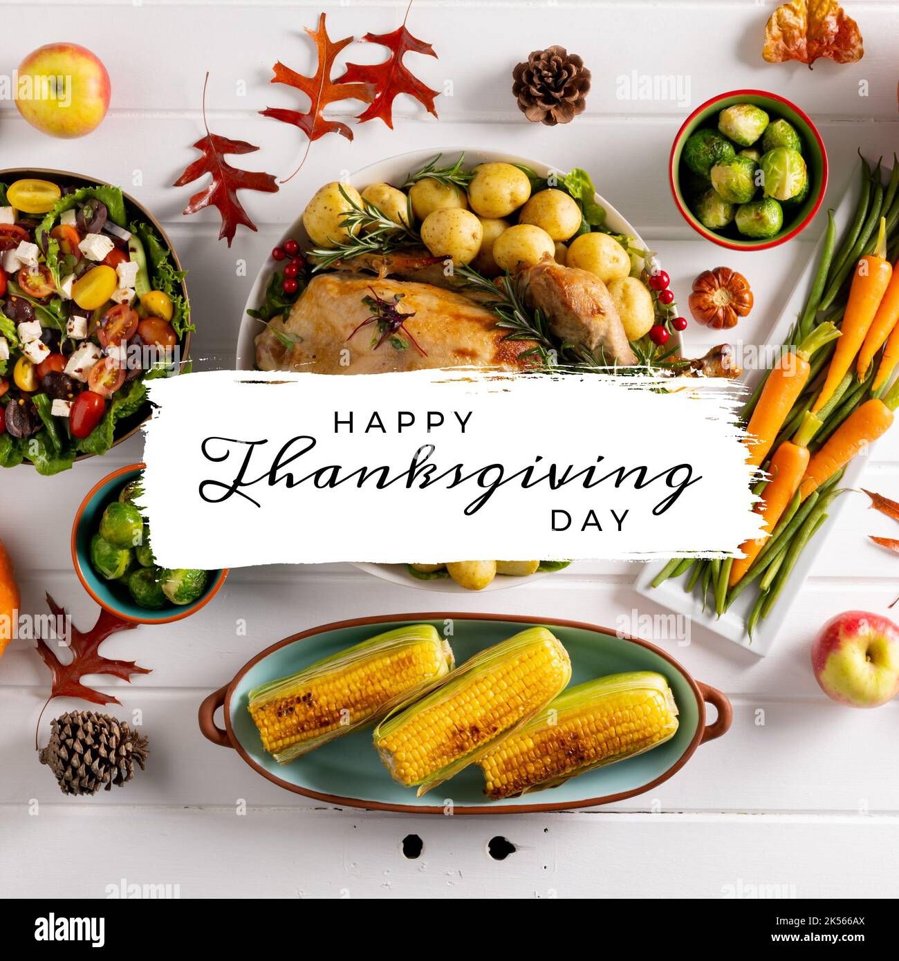 Composizione del testo del giorno del Ringraziamento felice durante la cena Foto Stock