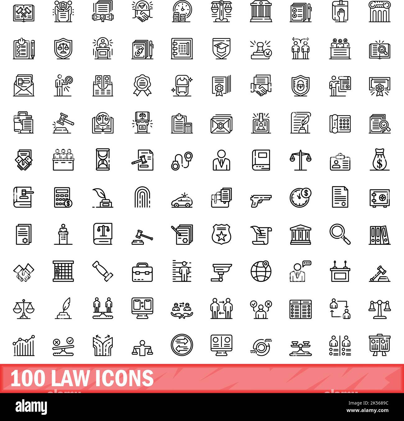 100 icone di legge impostate. Illustrazione del contorno di 100 icone di legge vettore set isolato su sfondo bianco Illustrazione Vettoriale