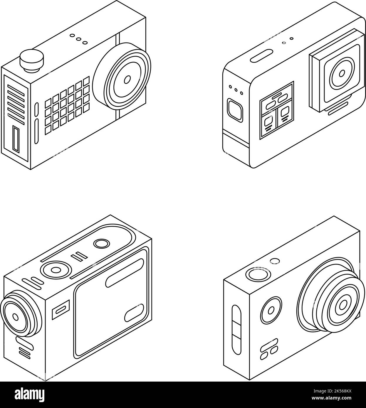 Icone Action camera impostate. Insieme isometrico di icone vettoriali di Action camera, con contorno isolato su sfondo bianco Illustrazione Vettoriale