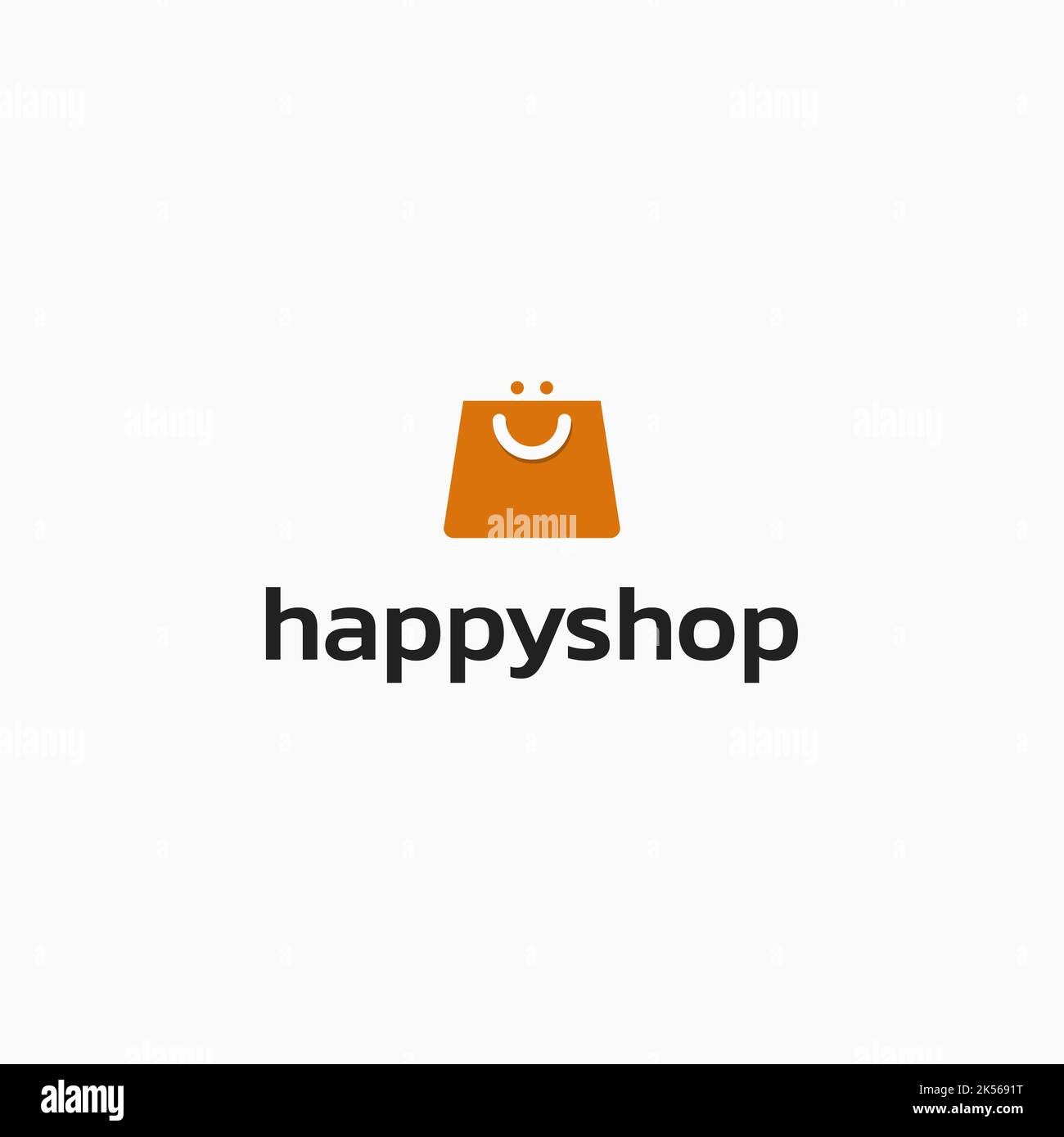 Design con logo Happy Shop. Sorriso astratto e logo della borsa. Semplice logo retail. Formato vettoriale. Illustrazione Vettoriale