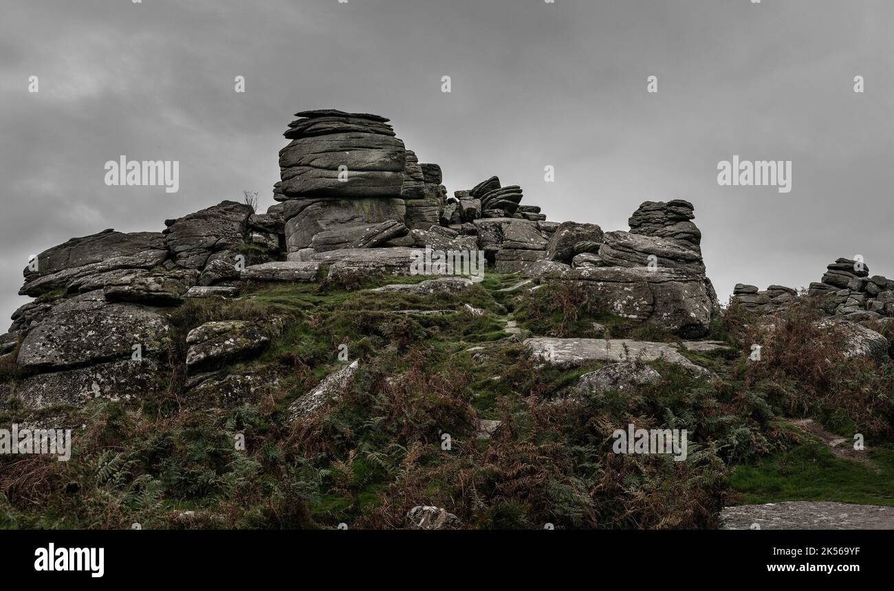 Hound Tor Devon UK, rocce di granito nel paesaggio di Dartmoor, bella formazione di rocce nel paesaggio, prominente formazione di rocce intorno a Bracken Foto Stock