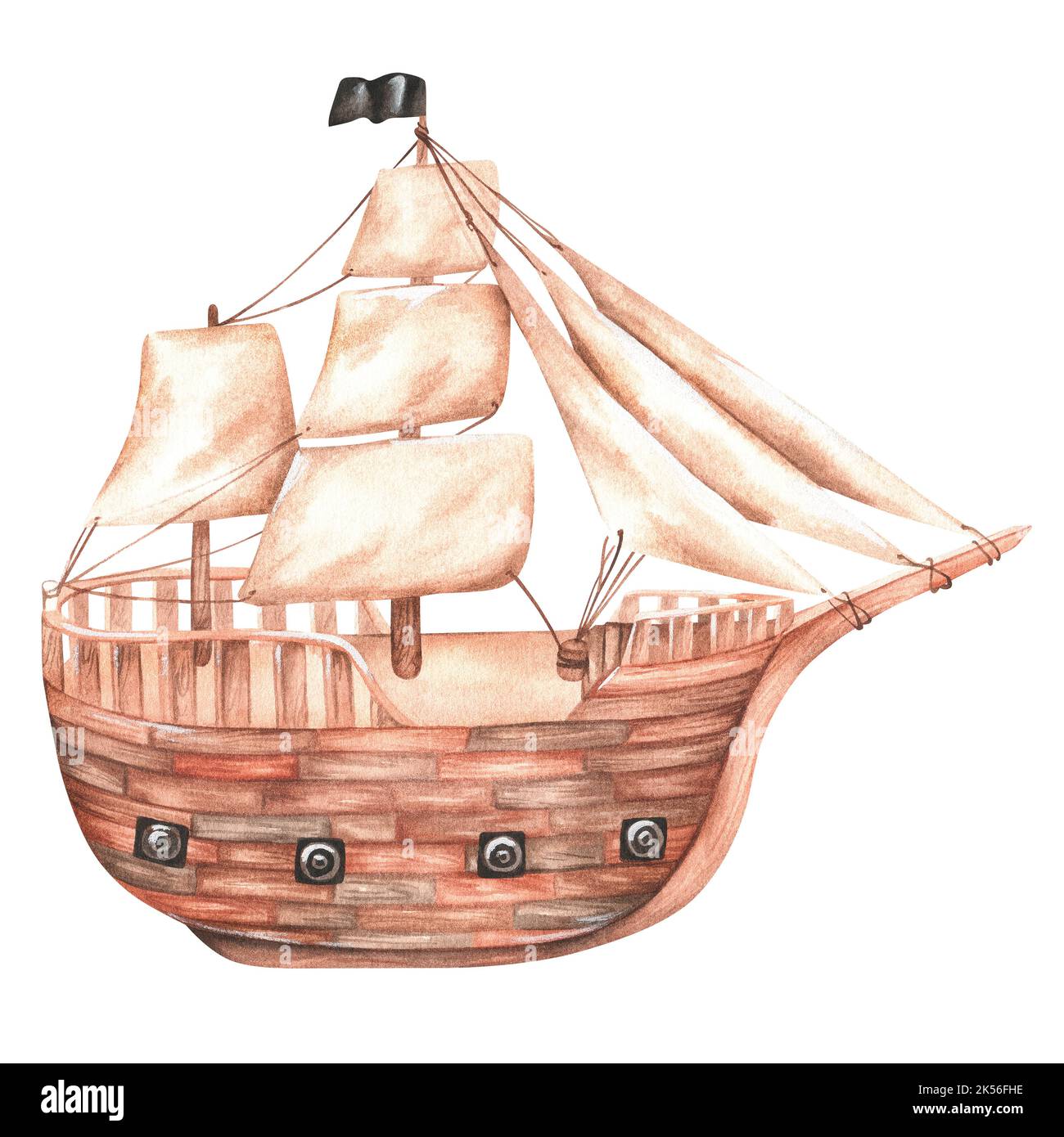 Grande nave pirata a vela con cannoni. Illustrazione vintage acquerello. Isolato su uno sfondo bianco.per il tuo design adesivi, decorazioni per feste. Foto Stock