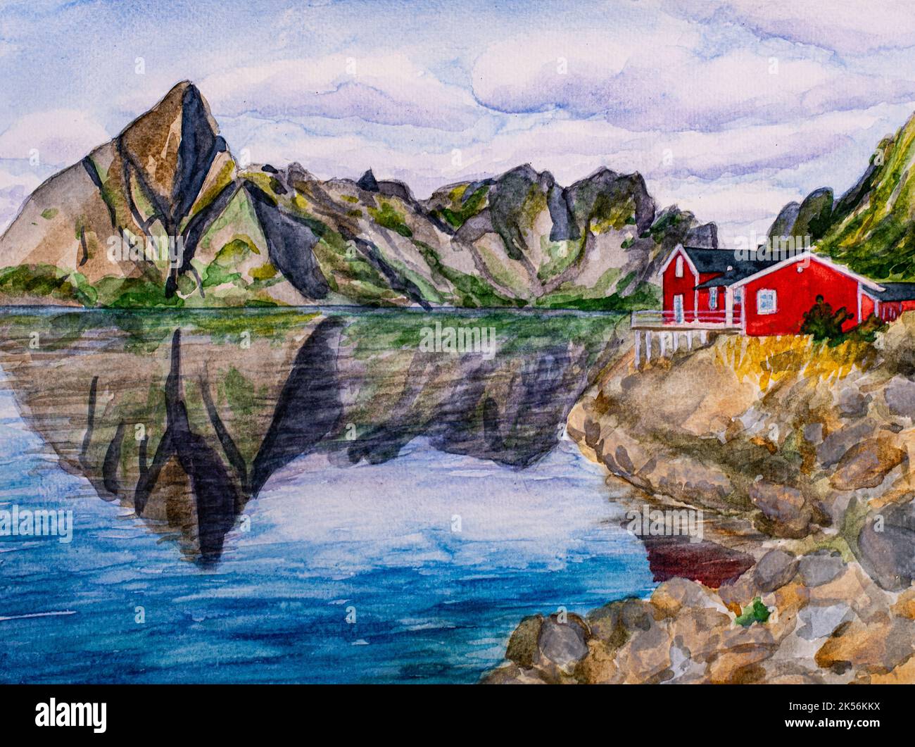 Isola dei pescatori in Norvegia, pittura acquerello Foto Stock