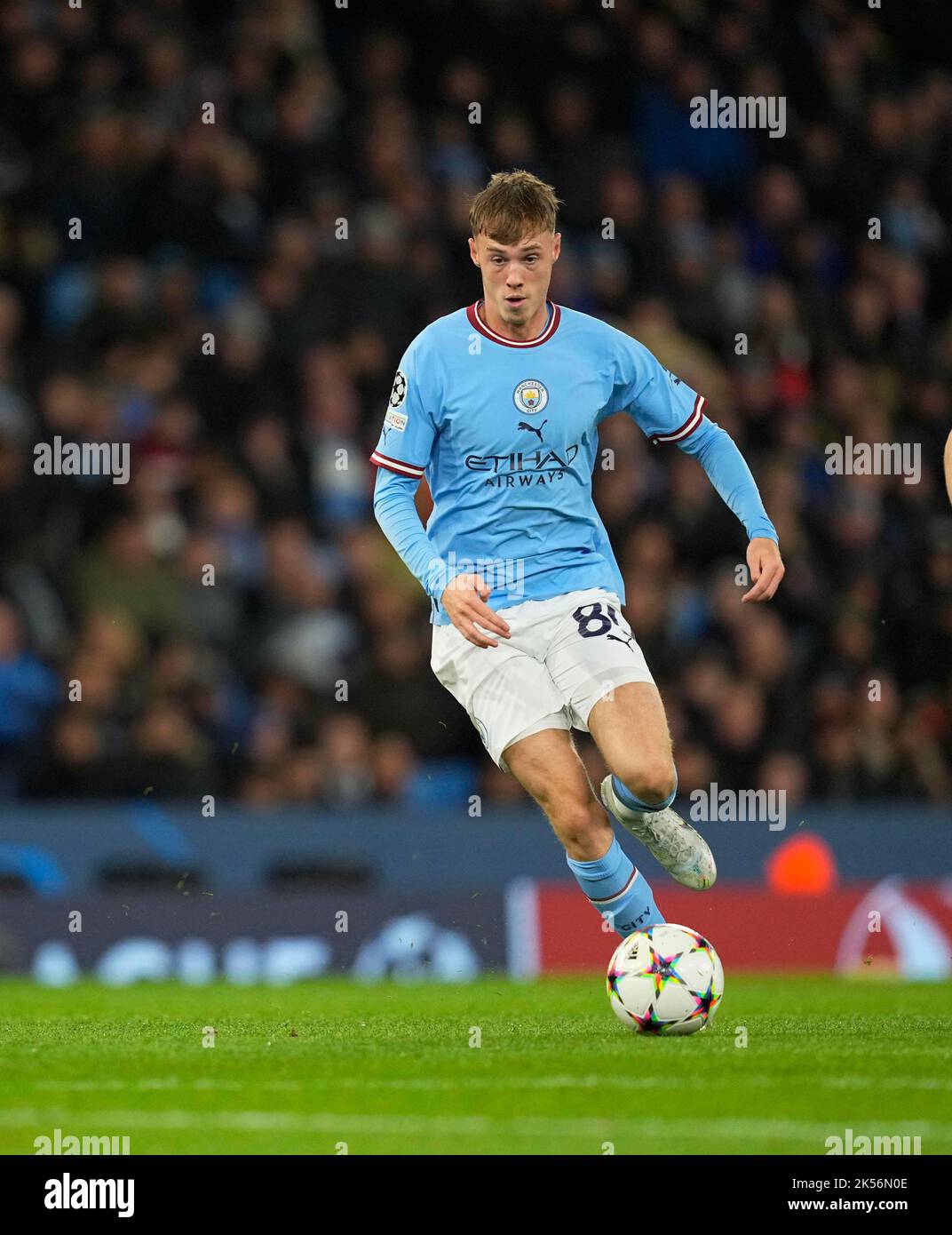 Manchester Stadium, Manchester, Regno Unito. 5th Ott 2022. Cole Palmer (Manchester City) controlla la palla durante Manchester City e il FC Copenhagen allo stadio City of Manchester, Manchester, Inghilterra. Ulrik Pedersen/CSM/Alamy Live News Foto Stock