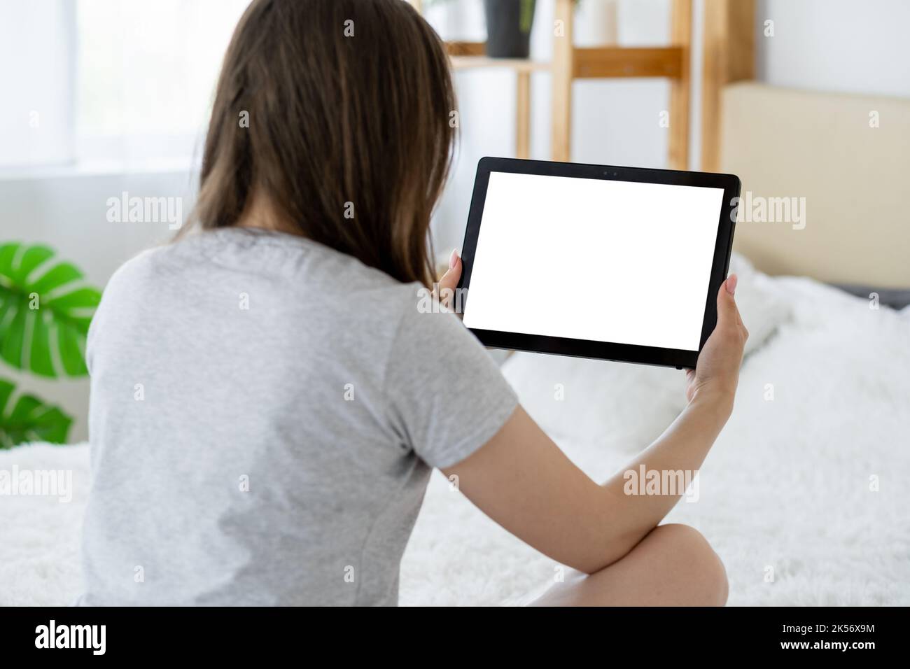 video conferenza casual donna computer mockup Foto Stock