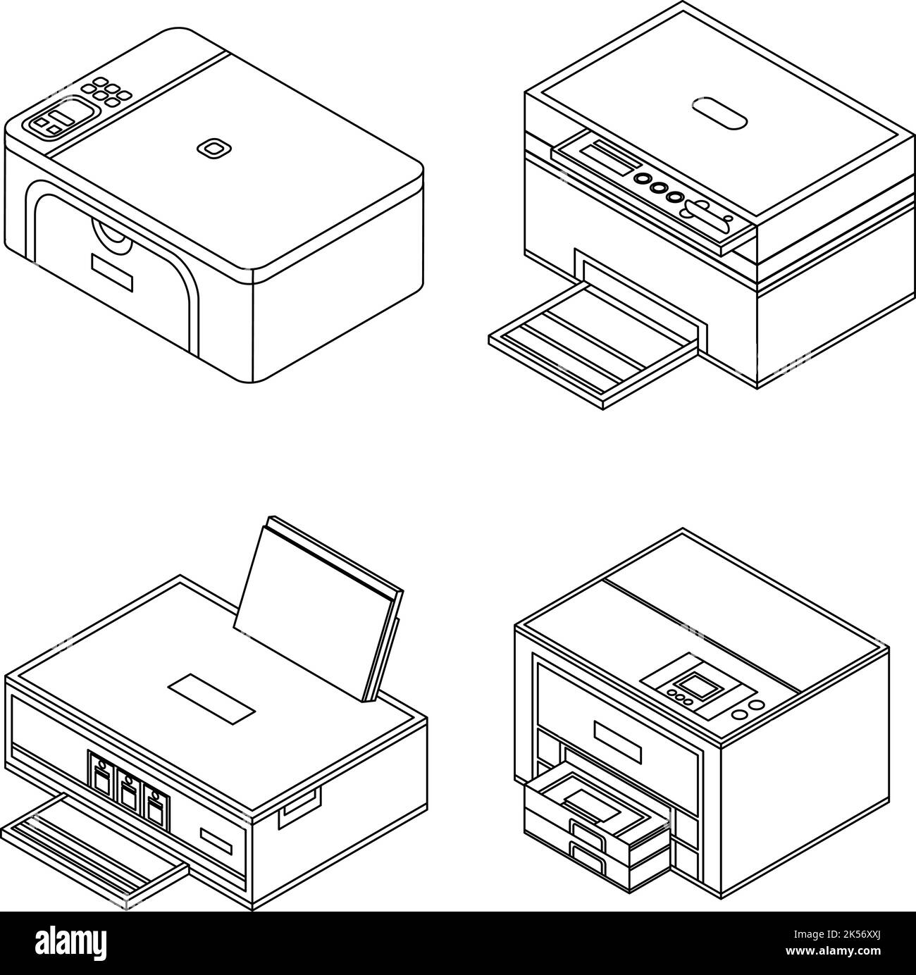 Set di icone della stampante. Insieme isometrico di icone vettoriali della stampante con contorno isolato su sfondo bianco Illustrazione Vettoriale