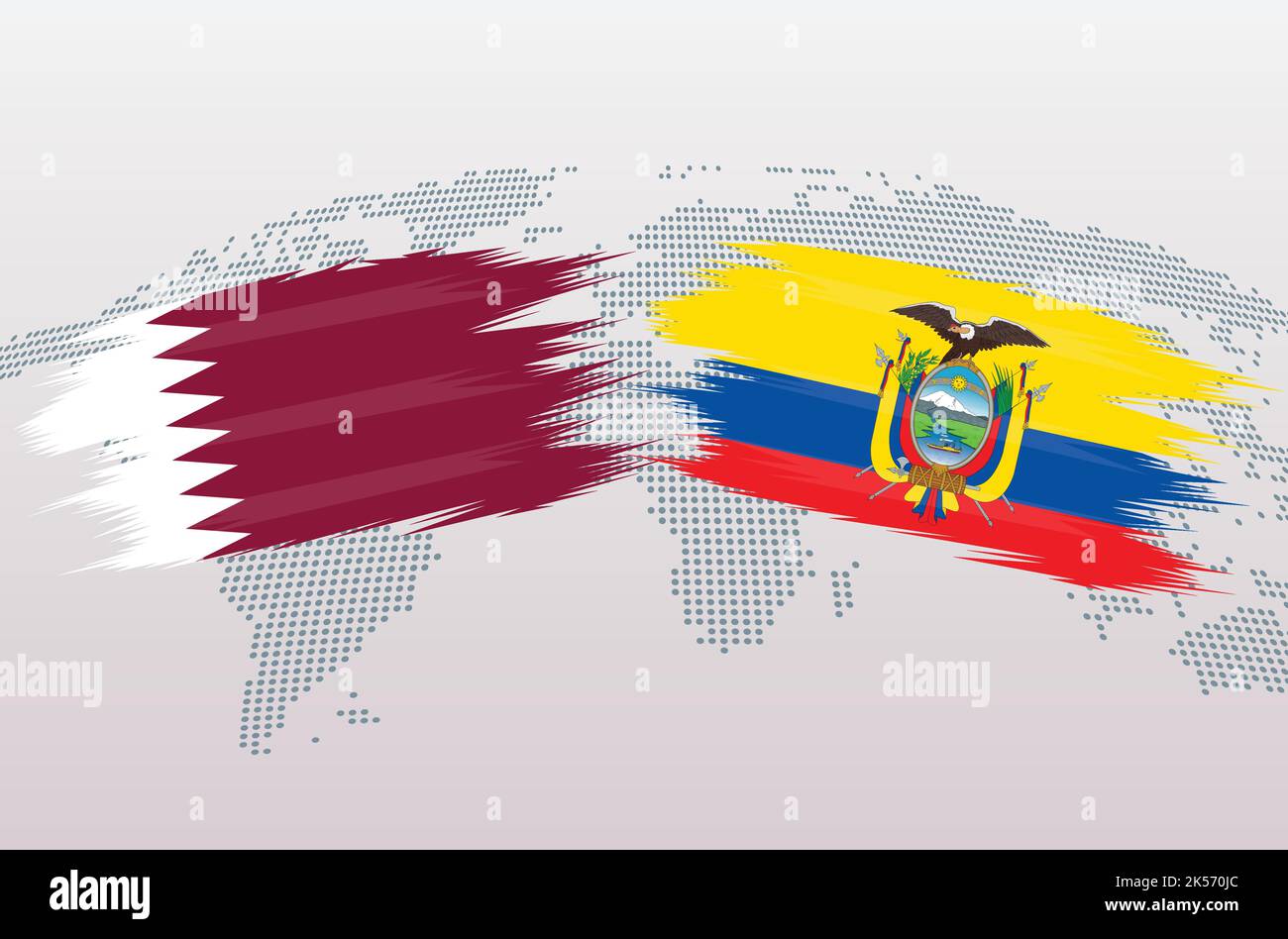 Qatar vs Equador calcio palla in bandiera design sulla mappa del mondo sfondo per il torneo di calcio, vettore per lo sport match template o banner. Illustrazione Vettoriale
