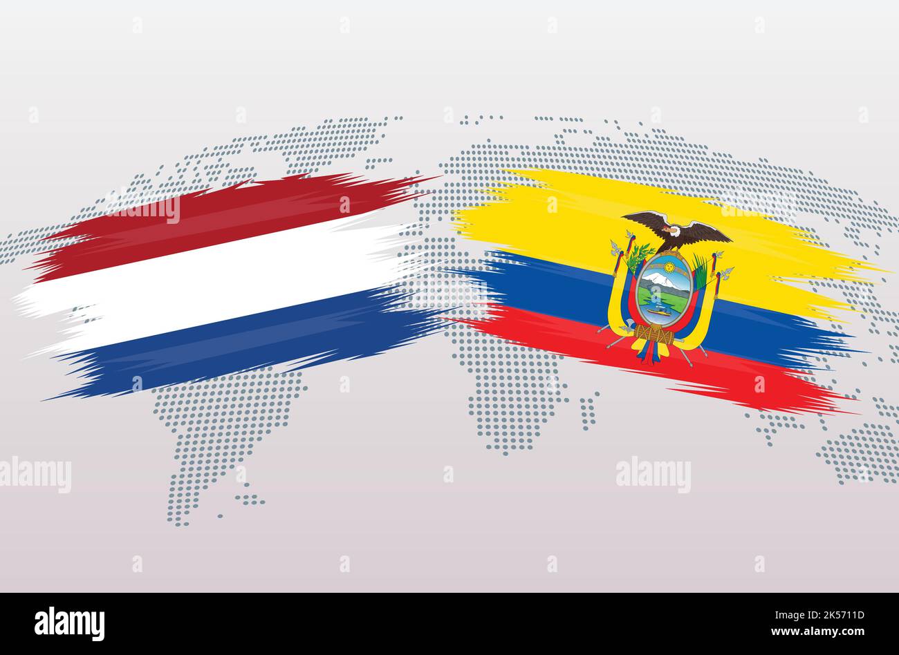 Olanda vs Equador calcio palla in bandiera design sulla mappa del mondo sfondo per il torneo di calcio, vettore per lo sport match template o banner. Illustrazione Vettoriale